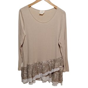 Hyped‎ Unicorn Womens Size L Tan Pullover Top Layered Lace Asymmetrical Stretch
